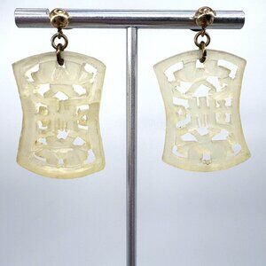 Antique Carved White Jade Dangle Earrings Gold Filled Ball Posts 1.5" Length